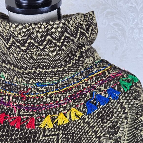 One Size Brown Cream Chevron Striped Poncho Rainbow Embroiderd Tassels Fringe - Picture 4 of 11